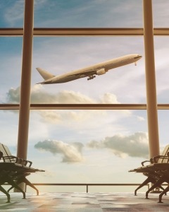View from lounge of plane taking off