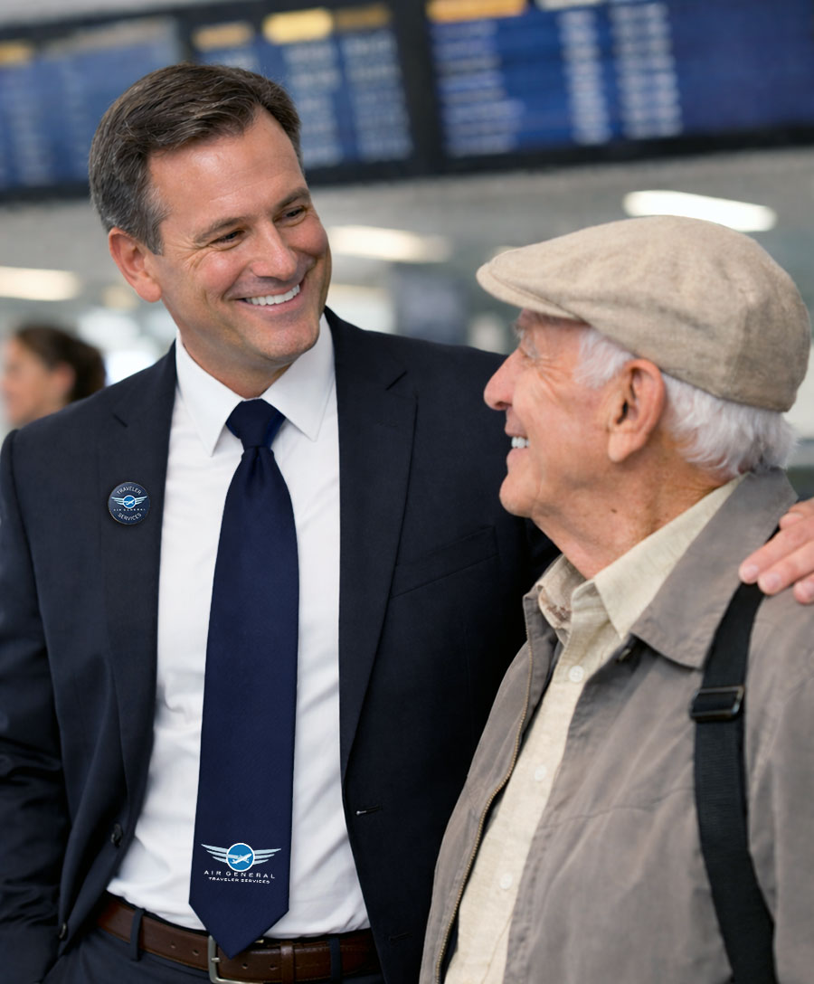Air General Traveler greeter assisting elderly traveler with airport concierge service