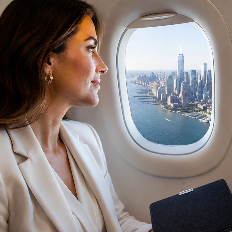 business traveler looking out an airplane window