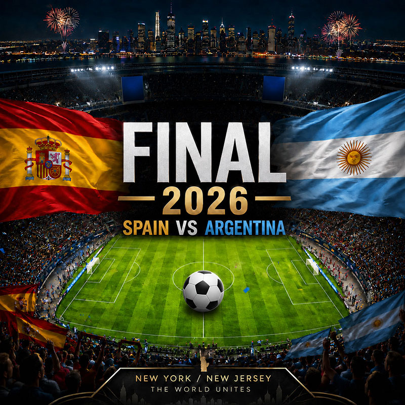 Spain vs Argentina 2026 Final at a packed New York and New Jersey soccer stadium